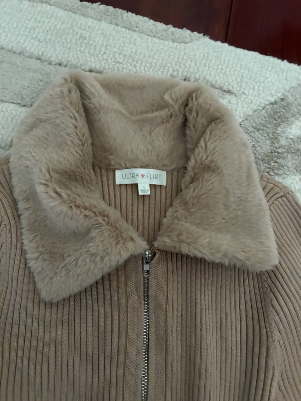 Ultra Flirt Taupe Ribbed Zip Jacket with Faux-Fur Collar